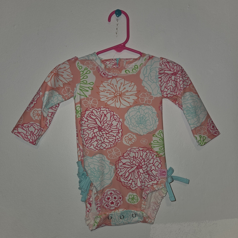 Ruffle Butts Pink and Blue Floral Rashguard One Piece Swimsuit 6-12 Months
